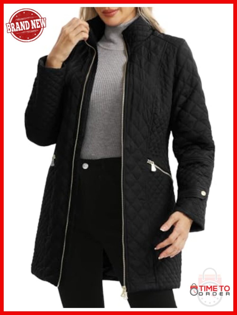 Plus Size Diamond Quilted Lightweight Jacket Stand Collar Long Sleeve